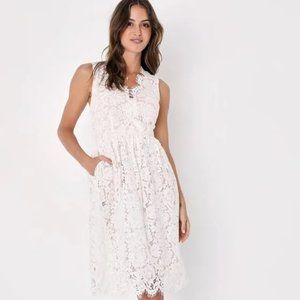 Love Swept White Lace Midi Skater Dress With Pockets